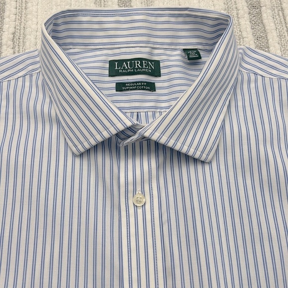 Lauren Ralph Lauren Men Blue White Stripe Cotton Shirt 18.5 34/35 Fall Classic - Picture 7 of 8